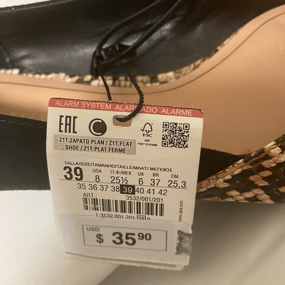 Zara trafaluc snakeskin and black flats new size 8 - Picture 8 of 10